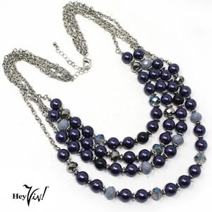 Vintage 4 Strand Bead Necklace - Silver Blue Beads w Silver Chain - 22" -Hey Viv